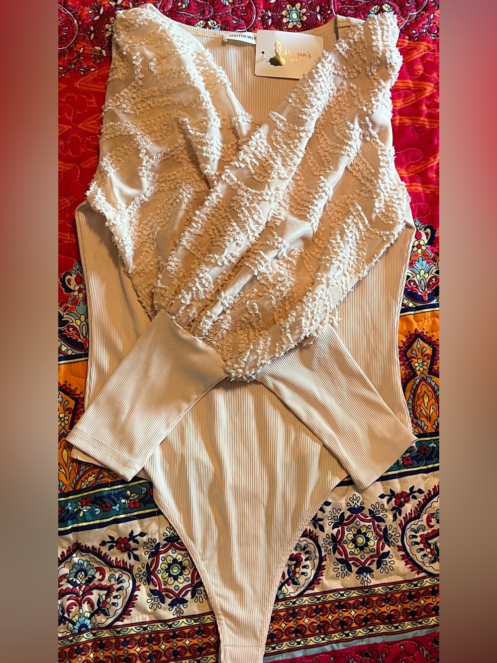 AndTheWhy Textured Puff Sleeve Oatmeal Coquette Bodysuit Women’s Size Medium - Picture 15 of 16